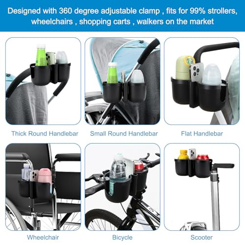 Accmor Stroller Cup Holder with Phone Holder, Bike Cup Holder, Universal Cup Holder for Uppababy Nuna Doona Strollers, 2-in-1 Cup Holder for Walker, Wheelchair, Scooter - color: Double Holder-Other Shape