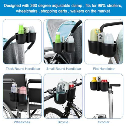 Accmor Stroller Cup Holder with Phone Holder, Bike Cup Holder, Universal Cup Holder for Uppababy Nuna Doona Strollers, 2-in-1 Cup Holder for Walker, Wheelchair, Scooter - color: Double Holder-Other Shape