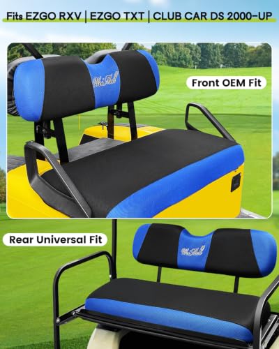 Golf Cart Seat Covers Front & Rear Set for EZGO TXT RXV | Also Fits Club Car DS - 2000-Up | Breathable Mesh | Cool & Sweat-Proof | Machine Washable | Easy to Install, Black&Blue - color: Black & Blue, size: Rear + Front Seat EZGO TXT RXV Club Car DS 2000-