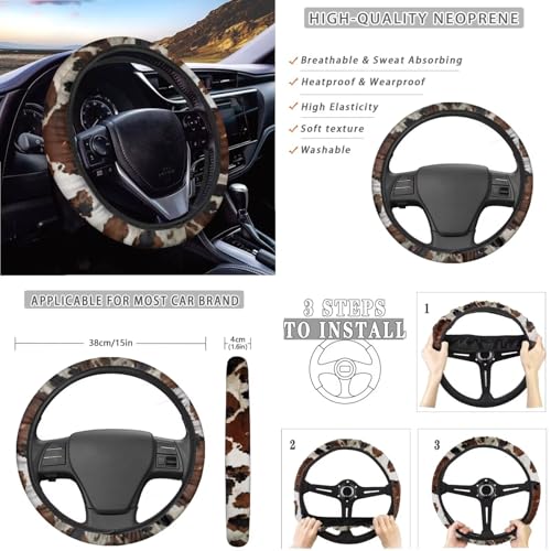 Wanyint Brown Black Cow Print 14 Pack Car Accessories Set, Universal Auto Seat & Steering Wheel Cover, Seatbelt Pad, Trash Can, Armrest & Cup Holders Rearview Mirror & Handbrake Cover Set - color: Brown Black Cow Print
