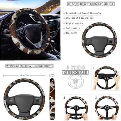 Wanyint Brown Black Cow Print 14 Pack Car Accessories Set, Universal Auto Seat & Steering Wheel Cover, Seatbelt Pad, Trash Can, Armrest & Cup Holders Rearview Mirror & Handbrake Cover Set - color: Brown Black Cow Print