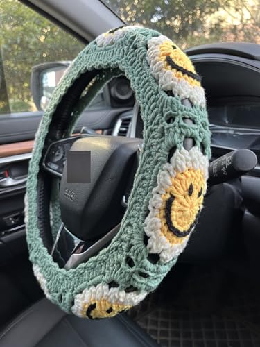 Handmade Crochet Sun Smiling face Car Steering Wheel Covers Universal 14-15 inch,Cute Steering Wheel Cover,Car Accessories (Sun Wheel Cover+2 Belt Cover) - color: Sun Wheel Cover+2 Belt Cover