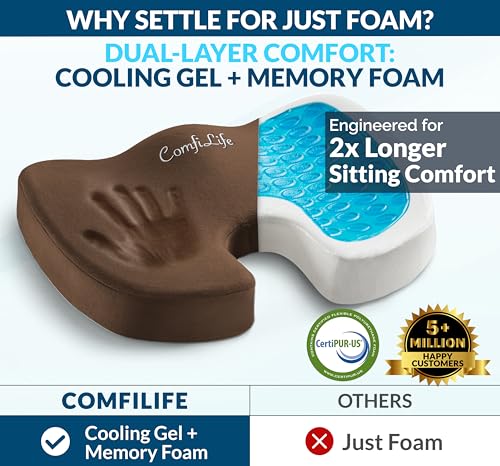 ComfiLife Premium Gel & Memory Foam Seat Cushion – Doctor Recommended Office Chair Cushion, Car Seat Cushion – Chair Cushions for Back & Sciatica Pain Relief – Seat Cushions for Office & Desk (Black) - color: Brown, size: Large