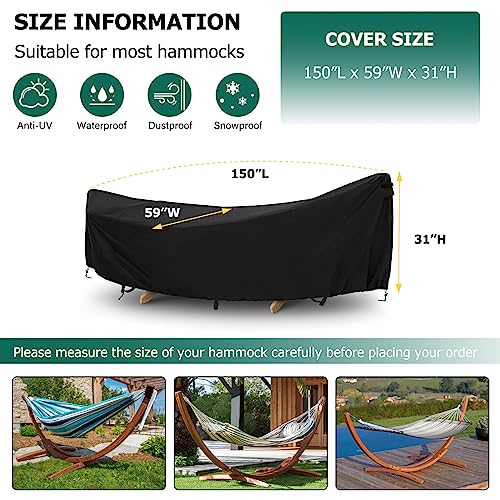 Hammock Cover,400D Upgraded Waterproof Hammock Cover for 11-12 Ft Hammock with Including Adjustable Buckle Strap,150" L x 59" W x 31" H-Black