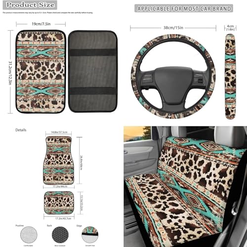17 Pcs Aztec Cow Print Car Seat Covers Full Set with Floor Mats Steering Wheel Cover Shoulder Pads Armrest Pad Keychain Roof Gloves Cup Coaster Universal - color: Aztec Cow Print