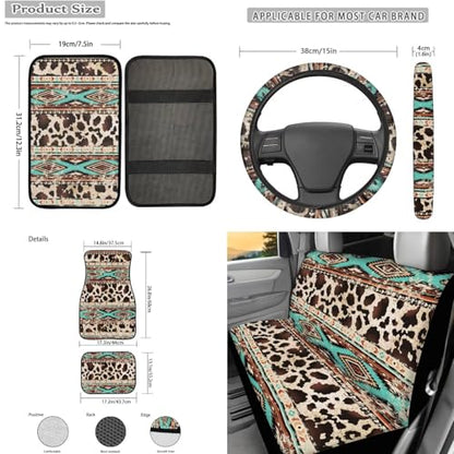 17 Pcs Aztec Cow Print Car Seat Covers Full Set with Floor Mats Steering Wheel Cover Shoulder Pads Armrest Pad Keychain Roof Gloves Cup Coaster Universal - color: Aztec Cow Print
