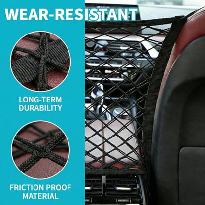 Car Mesh Organizer, 3-Layer Four-Side Elastic Vehicle Kid Dog Pet Net Barrier Between Front Seats, Automotive Interior Storage Netting Pouch for Tissue Purse, Universal for SUV Van Sedan