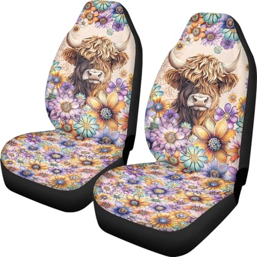 Bohu Flower Highland Cow Print Car Seat Covers Front Seats Only,Universal Fit Most Cars,Truck,SUV,or Van - color: Bohu Flower Highland Cow