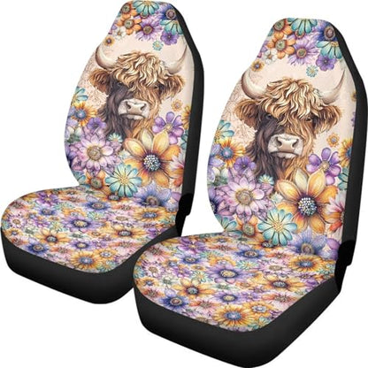Bohu Flower Highland Cow Print Car Seat Covers Front Seats Only,Universal Fit Most Cars,Truck,SUV,or Van - color: Bohu Flower Highland Cow