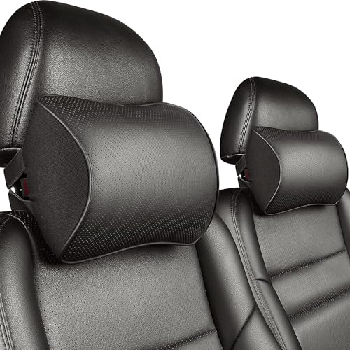 Aukee Car Headrest Pillow with Genuine Leather Cover Memory Foam Neck Cushion with 4 Extension Straps Adjuatable and Comfortable for Driving Home Office Black (Pack of 2) - color: Black, size: Pack of 2