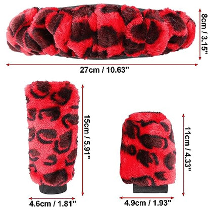 X AUTOHAUX Elastic Leopard Pattern Fluffy Car Steering Wheel Cover with Handbrake Gear Shift Cover Set Universal Red - color: Red