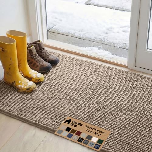 GORILLA GRIP SoakSTOPPER Dog Door Mat, 48x30 Machine Washable Rug Absorbent Doormat Captures Moisture Mud Dirt, Quick Dry Soft Chenille Entryway Rugs Indoor Entrance Mats for Dog Paws, Beige - color: Beige, size: 48" X 30"