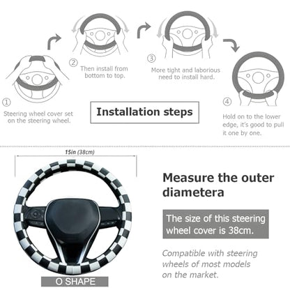 Black and White Race Checkered Steering Wheel Cover Auto Leather Steering Wheel Protector, Anti-Slip, Breathable, Absorbing Sweat, Universal Car Accessories 14.5–15 inch,Fit for Most Car, Trucks, SUV