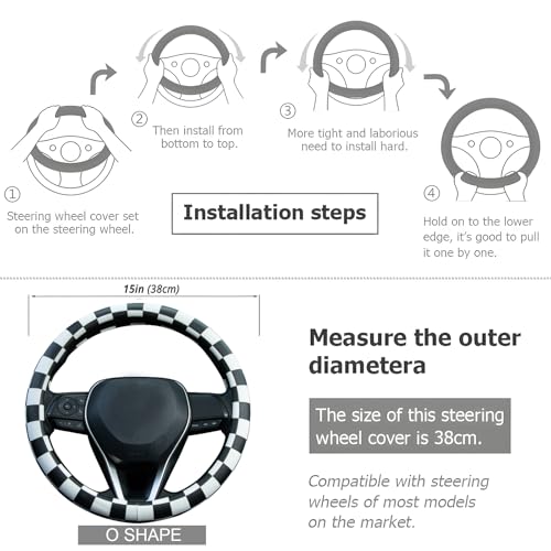 Black and White Race Checkered Steering Wheel Cover Auto Leather Steering Wheel Protector, Anti-Slip, Breathable, Absorbing Sweat, Universal Car Accessories 14.5–15 inch,Fit for Most Car, Trucks, SUV - style: Black and White Race Checkered