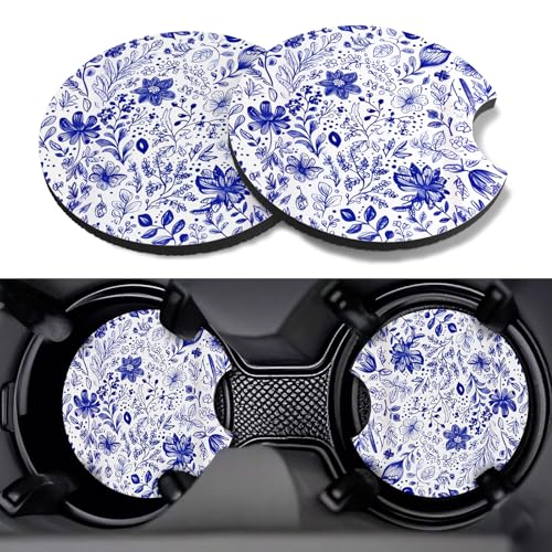 Car Cup Coasters,2 Pack Car Coaster,2.75inch Anti Slip and Absorbent Cars Coasters for Cup Holders,Neopren Accessories for Women,Cute Decor for Women (Blue and White Flower) - color: Blue and White Porcelain