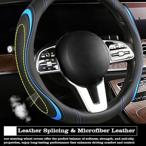 Leather Splicing Black Blue Car Steering Wheel Cover,14.5-15 Inch Universal Microfiber Leather Covers Breathable Anti-Slip Odorless Steering Wheels Accessories for Men Women - color: Leather Splicing - Black Blue