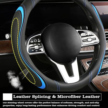 Leather Splicing Black Blue Car Steering Wheel Cover,14.5-15 Inch Universal Microfiber Leather Covers Breathable Anti-Slip Odorless Steering Wheels Accessories for Men Women - color: Leather Splicing - Black Blue