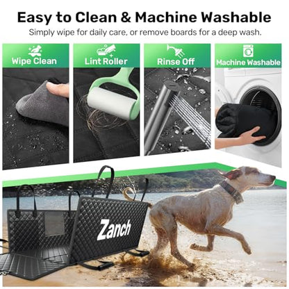 Zanch Heavy-Duty Dog Car Seat Cover, Flat Solid Back Seat Extender for Multi Large Dogs, Hard Bottom Supports 450 lb, Waterproof Scratchproof Hammock Protector, Standard for Cars, SUV, Trucks, Black