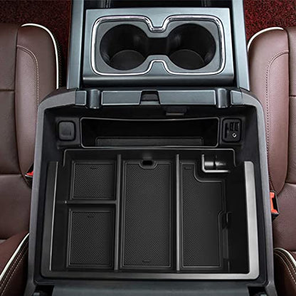 Full coverage Center Console Organizer Compatible with 2014-2018 GMC Sierra 1500 /Chevy Silverado 1500 Accessories 2015-2020 Yukon XL/Tahoe Suburban Insert Armrest Storage ABS Plastic, Black - color: black