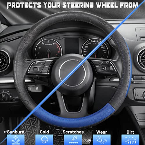 SEG Direct Car Steering Wheel Cover for Prius Civic Model 3 Model Y Camaro, Small Size 14-14.25 inch, Black and Blue Microfiber Leather - color: Black and Blue, size: Small size[14''-14 1/4'']