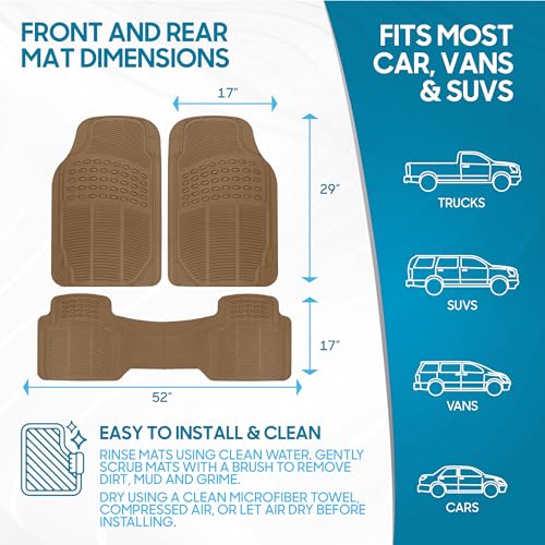 BDK ProLiner Heavy Duty Rubber Floor Mats for Auto - All Weather Protection Liners 3 PC Set (Tan Beige) - color: Beige