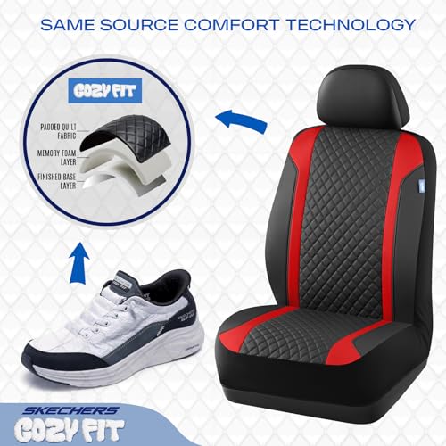 Skechers Seat Covers Contour Foam Cozy Fit,Leather Car Seat Covers, Car Seat Covers Front Seats Airbag Compatible, Universal Automotive Comfort for Most Cars, Vans, Trucks, SUV,Red
