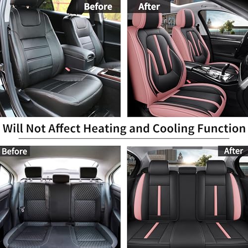 otoez Pink Car Seat Covers Full Set, 5 Seats Nappa Leather Seat Covers for Car, Breathable Automotive Front and Back Seat Protectors with Lumbar Support for Sedan SUV Truck Van, Black & Pink
