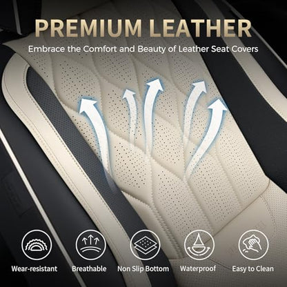 Leather Seat Cover Front Seats Automotive Car Seat Covers Front Seat Cover Waterproof Car Seat Protector with Lumbar Support 2 Pack Universal Fit for Most Cars Sedans Trucks SUV, Black&Beige