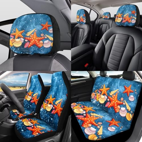 Beach Starfish 12 Pack Car Seat Covers Full Set Steering Wheel Covers Set Handbrake Gear Cover Car Accessories Set for Cars Seat Covers Fit for Truck Vans Suvs - color: Beach Starfish