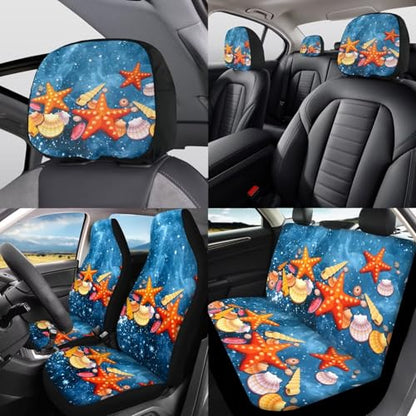 Beach Starfish 12 Pack Car Seat Covers Full Set Steering Wheel Covers Set Handbrake Gear Cover Car Accessories Set for Cars Seat Covers Fit for Truck Vans Suvs - color: Beach Starfish