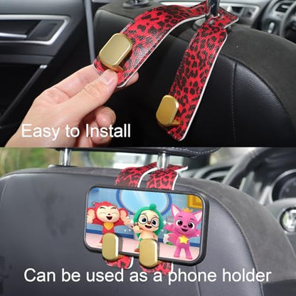 Purse and Bag Hook for Car, Zinc Alloy Seat Headrest Hooks, Upgraded Leather Car Seat Back Purses Hanger and Bags Holder (Red Leopard) - color: Red Leopard