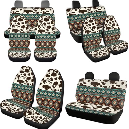 Horeset Southwest Aztec Geometric Cow Print Auto Seat Cover with Headrest Cover,Cup Coasters,Handbrake Cover,Gear Shift Caover and Lanyaeds Key Chain Fit Most Cars for Women Men(11-Piece) - color: Southwest Aztec Geometric Cow Print