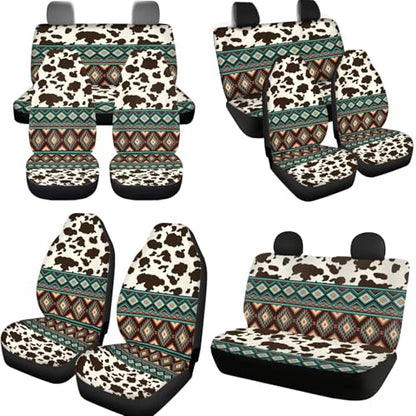 Horeset Southwest Aztec Geometric Cow Print Auto Seat Cover with Headrest Cover,Cup Coasters,Handbrake Cover,Gear Shift Caover and Lanyaeds Key Chain Fit Most Cars for Women Men(11-Piece) - color: Southwest Aztec Geometric Cow Print