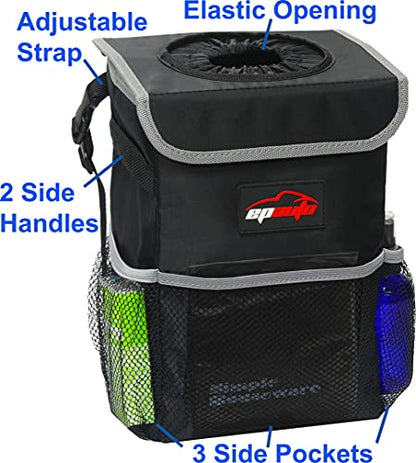 EPAuto Waterproof Car Trash Can with Lid and Storage Pockets, 2.5 Gallon, Black