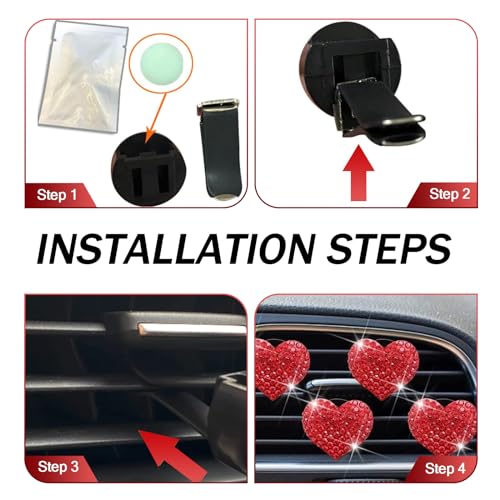 4 PCS Bling Car Air Conditioning Vents Decoration Clip, Cute Heart-shaped Diamond-encrusted Shiny Accessories for Women, Non-destructive Clip-on Installation, Universal for Most Cars (Red)