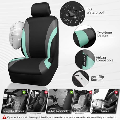 CAR PASS EVA Waterproof Car Seat Covers Full Set, Mint Seat Covers for Cars,Airbag Compatible,Universal Fit Sedans,Vans,SUVs,Trucks (Black and Mint) - color: Black Mint, size: full set