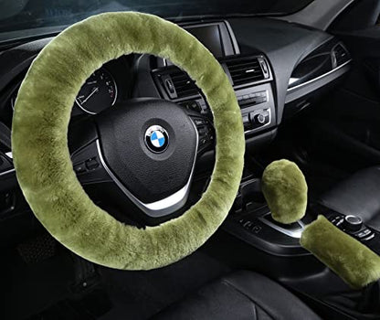Fluffy Natural Fur Sheepskin Car Gear Shift Handle Level Stick Knob Covers for Automobile Selector Handball Collar, Handbrake Cover (Pea Green)