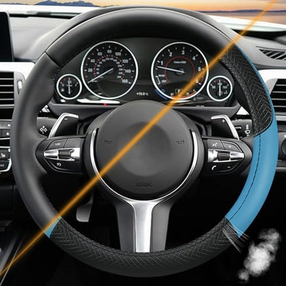 Leather Patchwork Black Blue Steering Wheel Cover, 14.5-15 Inch Non-Slip Breathable Microfiber Car Steering Wheel Protector - color: Leather Patchwork - Black Blue