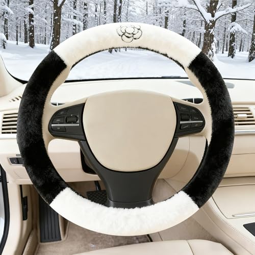 Camellia Flower Plush Steering Wheel Cover, Universal 14.5-15 Inch Winter Plush Warm Steering Wheel Cover, Soft Fluffy, Anti-Slip Design, Soft Texture (Black+White) - color: Camellia Flower