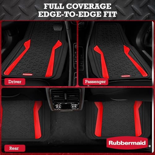 Rubbermaid Car Floor Mats Full Set,Premium Heavy Duty All-Weather Car Mats– Rugged Rubber with Brushed Aluminum Inserts, Universal Trim-to-Fit, Anti-Slip Backing for Cars, SUVs, Trucks & Vans - Red - color: Red