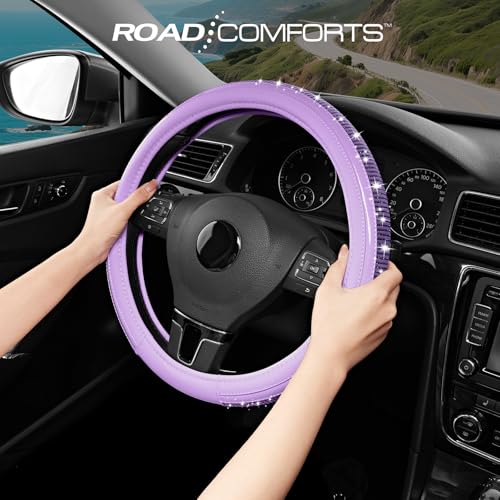 Road Comforts Bling Steering Wheel Cover – Purple Diamond Design, Universal Fit 14.5-15 Inch, Microfiber Leather, Anti-Slip & Breathable Design for Men and Women - color: Purple & Purple