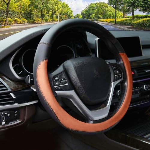 Valleycomfy Microfiber Leather Steering Wheel Cover Large-Size for F150 F250 F350 Ram 4Runner Tacoma Tundra Range Rover Model S X with 15 1/2 inches-16 inches Outer Diameter (Brown) - color: Brown, size: Large Size[15.5"-16"]