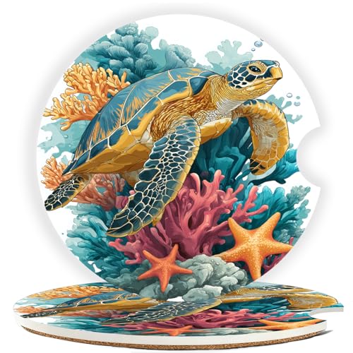 Car Cup Holder Coaster Set of 2, 2.56 in Ceramic Coasters, Scratch-Resistant Cork Backing, Finger Groove Design for Easy Placement, Cute Car Accessories Interior for Women (Blue Turtle) - color: Blue Turtle