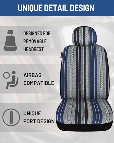 Baja Saddle Blanket Car Seat Covers Front Set with Seat Belt Pads, Washable Breathable Striped Woven Cloth Seat Covers for Cars, SUV, Truck, Airbag Compatible(Blue) - color: Blue, size: Front Set
