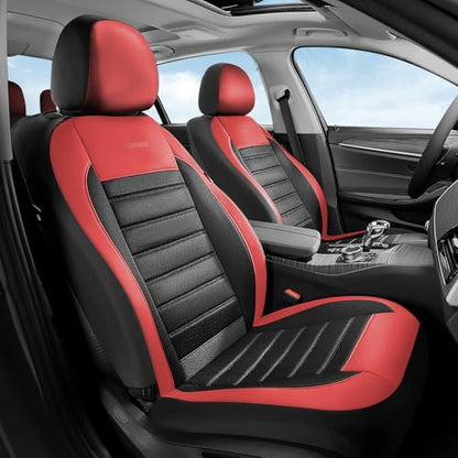 Coverado Car Seat Covers Full Set, Luxury Leather Car Seat Covers, Automotive Front and Rear Mesh Seat Covers, Full Set 5 Seats, Black Red Seat Covers for SUV Sedan Truck - color: Red&Black, size: FullSet