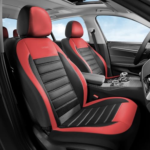 Coverado Car Seat Covers Full Set, Luxury Leather Car Seat Covers, Automotive Front and Rear Mesh Seat Covers, Full Set 5 Seats, Black Red Seat Covers for SUV Sedan Truck - color: Red&Black, size: FullSet