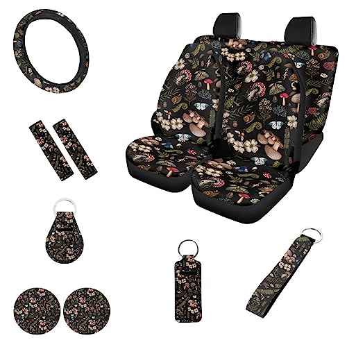 Butterfly Mushroom Car Seat Cover Full Set for Front Back,Seatbelt+KeychainsMushrooms Car Coaster15Inch Car Steering Wheel Cover,12PCS Hippie Mushroom Car Accessory Set for Women Men - color: Cottagecore Mushrooms