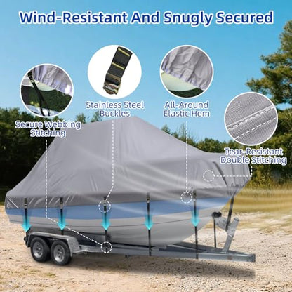 Marine Grade Waterproof Center Console Boat Cover with T Top Roof, Tear Resistant Trailerable Storage Covers, All-Weather Protection T-Top Boat Cover 18-20 ft, Beam Width Up to 102", Gray