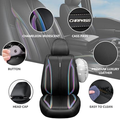 CAR PASS Nappa Leather Car Seat Covers, Durable Waterproof Luxury Universal for SUV Pick-up Truck Sedan, Anti-Slip Driver 5 Seats Covers Full Set with Backrest (Black Chameleon Iridescent Reflective)