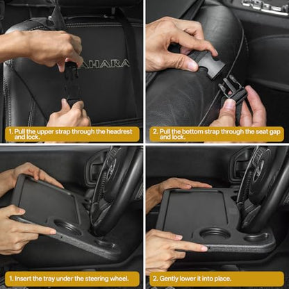 Front Seat Organizer with Steering Wheel Tray – Universal Car Storage Caddy for Drinks, Snacks, Gadgets, and Tablets, Adjustable, Multi-Pocket Travel and Office Accessory fits Car, Truck, Vans